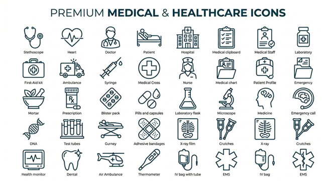 Medical linear icon pack with healthcare and hospital symbols
