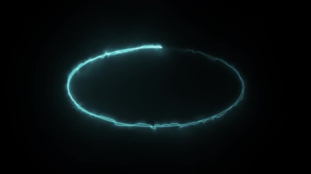 Cyan glowing electric oval frame with energy lines looping on black background.