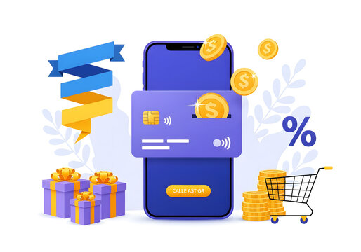 Online shopping and mobile payment concept with gifts, coins and shopping cart on purple background