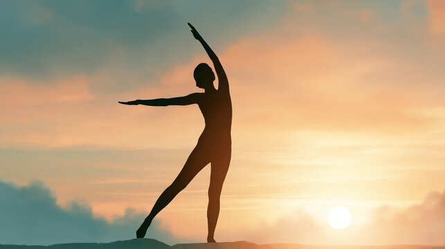 Silhouette of a person balancing gracefully on one leg against a colorful sunset sky.