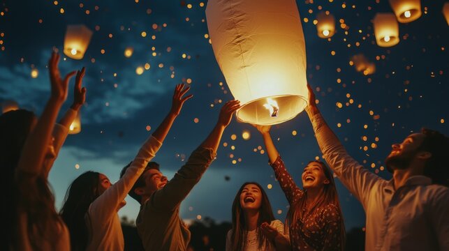 People releasing sky lanterns during night celebration