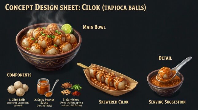 Delicious Cilok Tapioca Balls with Spicy Peanut Sauce, Indonesian Street Food.