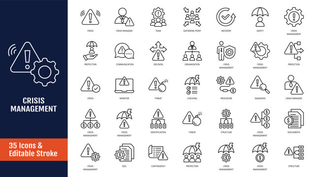 Crisis management icon set. icons related to world, protection, gathering point, recovery, safety, checklist, security. outline icon with editable stroke. vector illustration