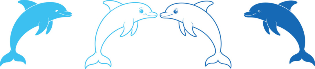Fototapeta premium Blue dolphin icons in different shades and line art