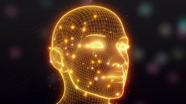 Glowing wireframe human head with interconnected nodes and energy pulses futuristic technology concept