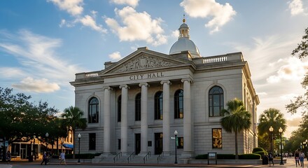 Fototapeta premium Grand building exterior with classical architecture under a blue cloudy sky
