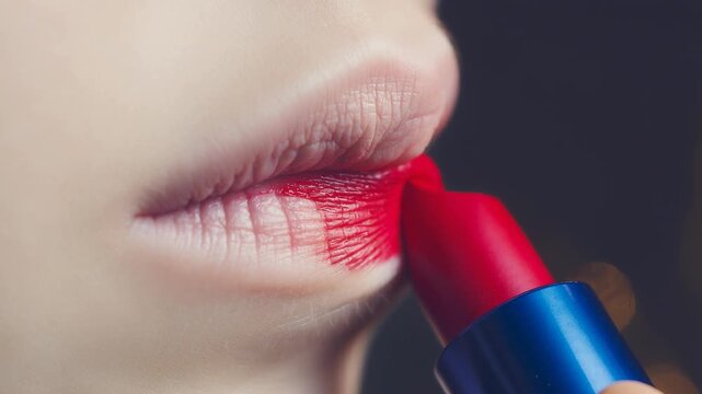 Close up video of soft lips applying vibrant red lipstick smoothly for glamorous makeup look
