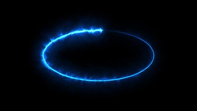 Abstract circular light frame with glowing blue neon energy lines on black back.