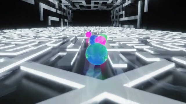 Futuristic Maze Runner Colorful Spheres Navigate Neon Labyrinth