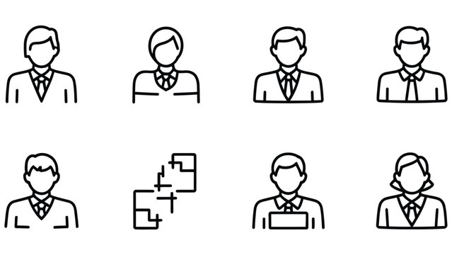 Collection of seven line style business people icons and one puzzle piece icon on white background