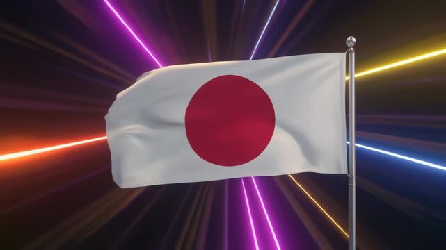 夜風に揺れる日本国旗と交差するネオン光線の近未来アニメーション背景