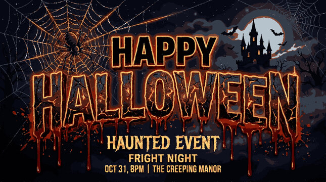 Bold halloween horror graphic features dripping blood text with spider webs and full moon on dark haunted background