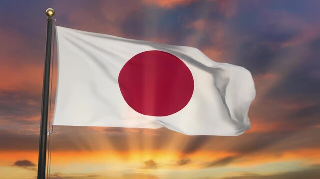 夕焼け空に大きく揺れる日本国旗と黄金の光芒