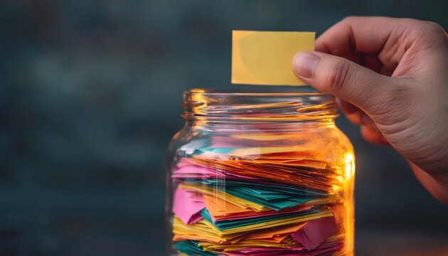 Hand dropping colorful sticky notes into memory jar