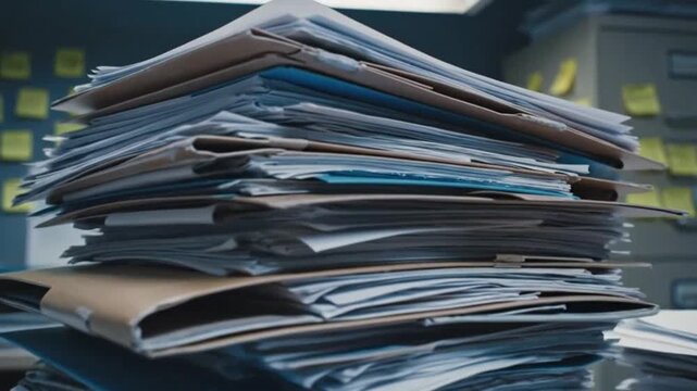 Piles of paperwork in office ideal for B2B marketing and financial presentations