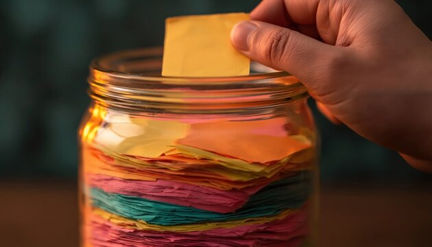 Hand placing colorful paper note in jar