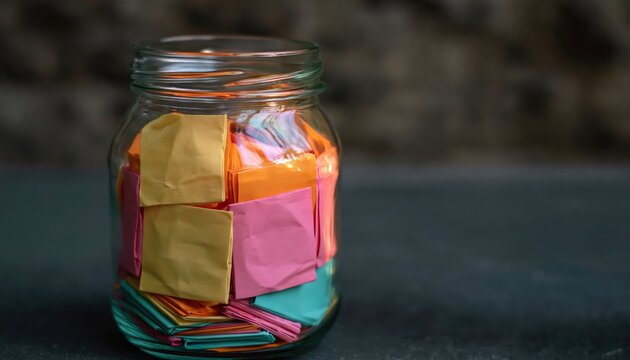 Glass jar collecting colorful paper notes and memories