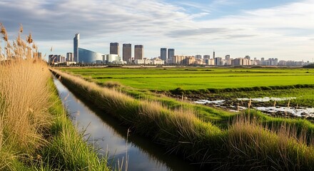 Fototapeta premium Green field landscape with city skyline and water channel under cloudy sky