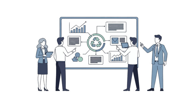 Professional business team collaborating in front of a presentation board with a central recycling symbol, data charts, and bar graphs for sustainable corporate strategy development.