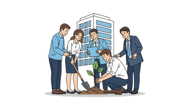 A group of diverse business professionals in formal office attire working together to plant a small tree sapling in front of a modern high-rise office building skyscraper.
