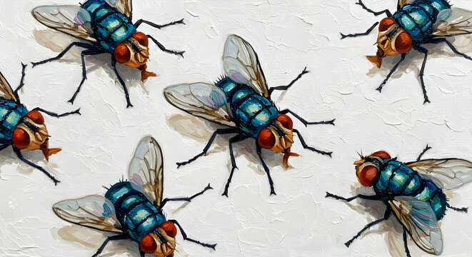 Oil Painting of Iridescent Blue Bottle Flies on Textured White Background