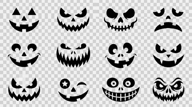 Set of twelve black and white pumpkin jack o lantern faces for halloween with spooky expressions on transparent background