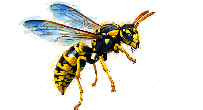 Artistic Watercolor Illustration of a Detailed Yellow Jacket Wasp on White Background