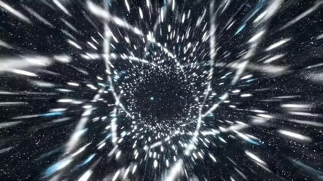 Abstract light tunnel with glowing streaks and stars, depicting a futuristic warp speed journey through cosmic space for modern technology and science fiction themes