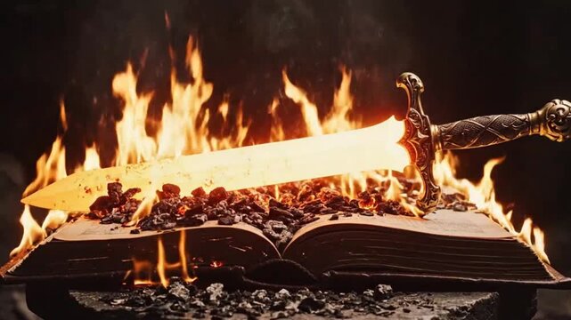 Burning book with sword on fire highlighting geometric patterns and contemporary art
