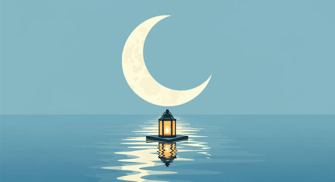 Flat vector illustration of a large crescent moon in a clear blue sky over a calm sea, featuring a glowing lantern on a floating platform with a long reflection on the water.