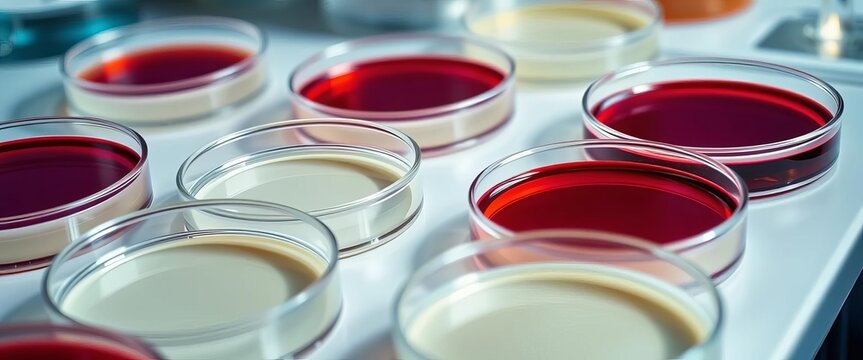 Close-up view of several empty petri dishes on a lab surface,  labware,  cultivation