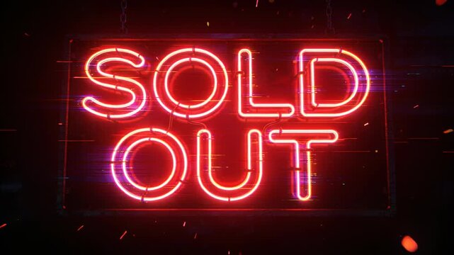 Neon sign sold out red light glowing text night scene store display urban style bold typography, red neon sold out sign glowing light banner bright