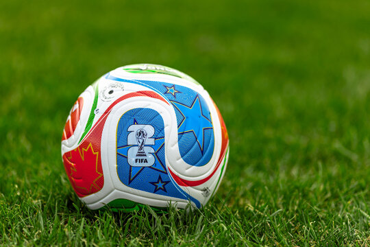 Calgary, Alberta, Canada. May 11, 2026. Close-up of the official 2026 FIFA World Cup Trionda soccer ball resting on a green grass field.