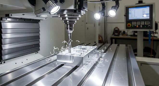 Industrial cnc machine milling metal component in workshop environment