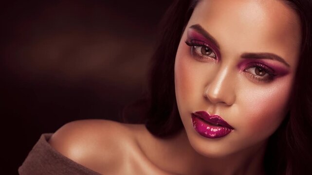 Close up video of woman with vibrant magenta eye makeup and glossy lips beauty makeup tutorial