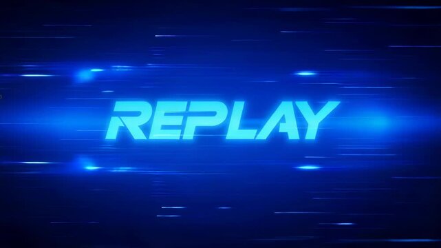 Replay text neon blue glow motion graphic digital title card animation effect with fast motion blur glitch light streak background