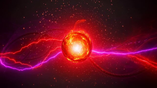 Fiery glowing orb radiating intense heat and vibrant red and purple energy motion