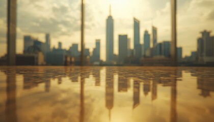 Fototapeta premium A blurry reflection of a luxury city skyline on a polished gold surface, abstract and aspirational.