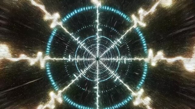 Futuristic scientific radar system with concentric rings and energy waves emanating outwards