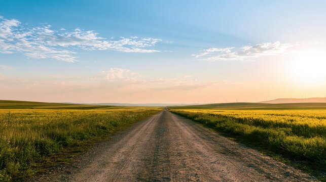 A dirt road runs through green fields under a clear blue sky with scattered clouds during a bright sunset or sunrise.
