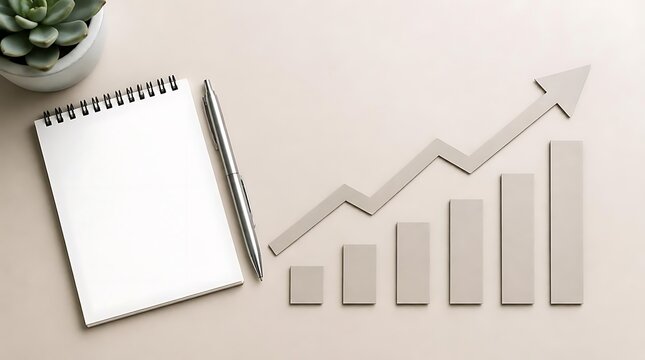 Business growth concept with upward arrow and bar graph on desk.