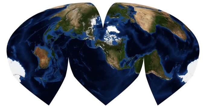World Map: Interrupted Sinu-Mollweide Projection Animation. High-detail physical Earth map. Longitude shift rotation in video. June View. Elements of this video furnished by NASA.