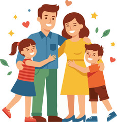 Fototapeta premium A joyful illustration depicting a happy family of four, two parents and two children, embracing each other with warmth and affection, celebrating togetherness and love