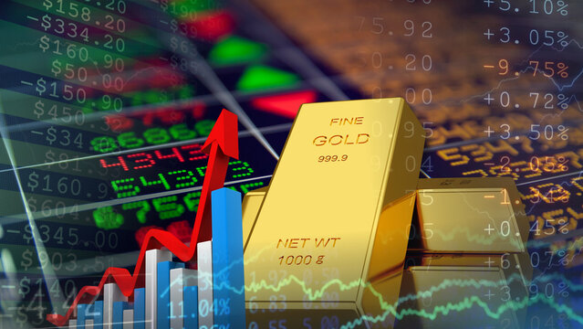 Gold and precious metal prices are rising sharply amid a complex economic environment. The bar chart, with a bold red arrow pointing upwards, features shiny fine gold bullion bars, and financial data