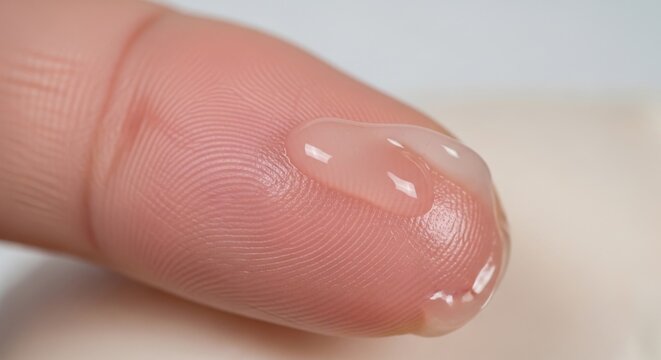 Macro Close-Up of Transparent Skincare Gel or Serum Drop on Human Finger Tip with Visible Fingerprint Texture