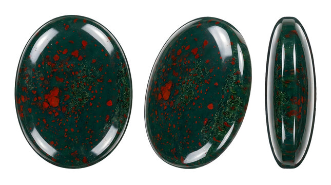 Polished african bloodstone gemstones triple view arrangement, isolated PNG transparent background