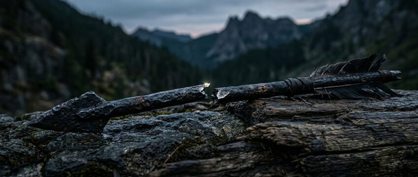 Distressed Black Metal Broken Arrow on Rugged Terrain