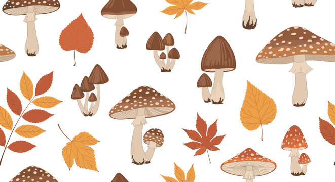 Autumn Mushroom Seamless Pattern Vector with Forest Fungi and Falling Leaves in Warm Colors for 
