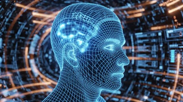 Human head wireframe in digital tunnel symbolizing digital transformation and future innovation