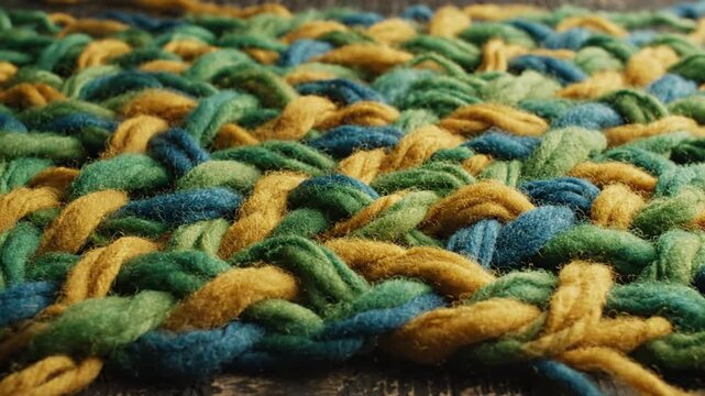 Close-up of Chunky Knit Blanket Texture in Blue, Green, and Yellow